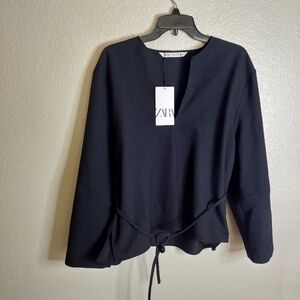 NWT ZARA Belted V Neck Cut Flowy Blouse Sz Xl